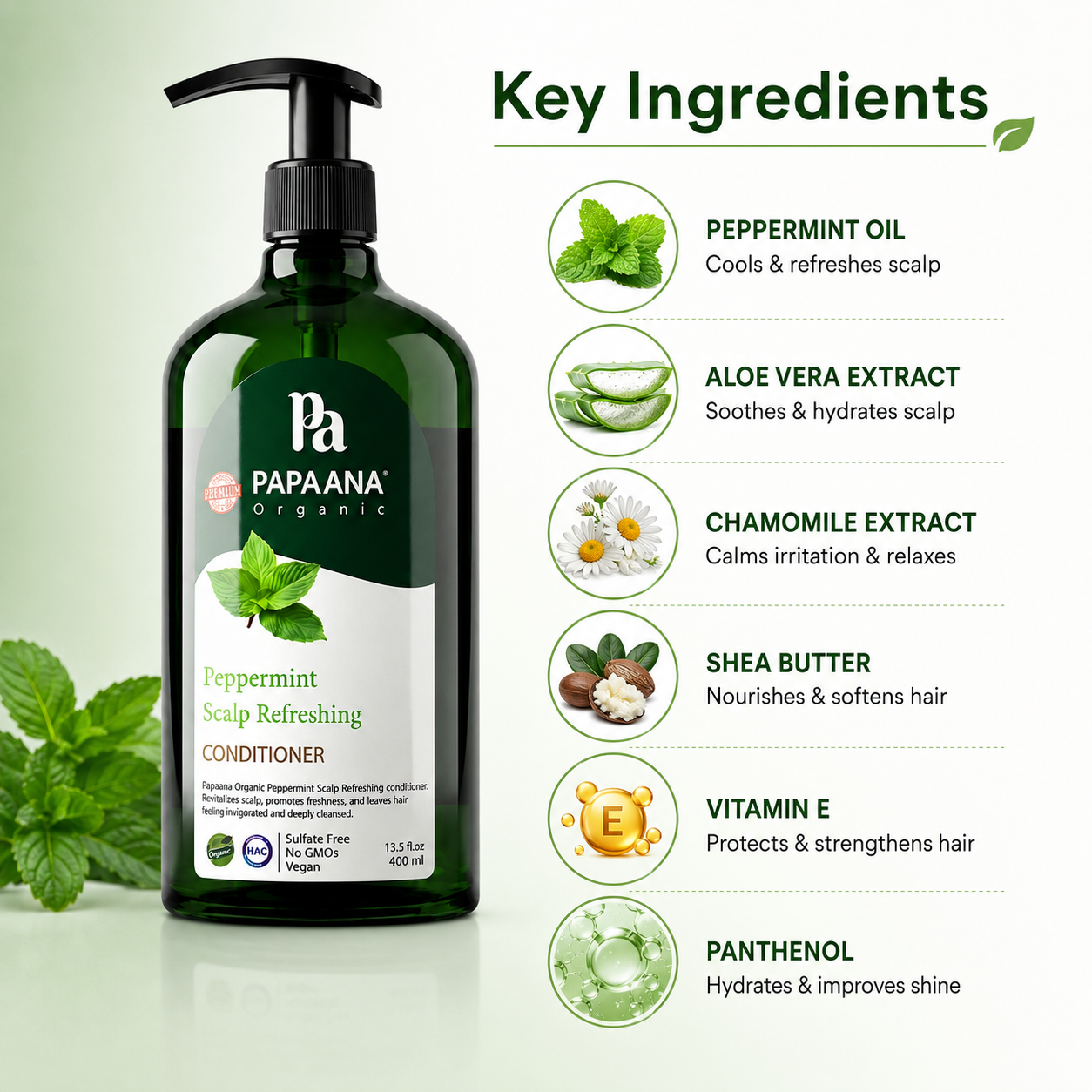 Papaana Organic Peppermint Scalp Refreshing Conditioner 400ml scalp conditioner for soothing itchy scalp and refreshing hair care.