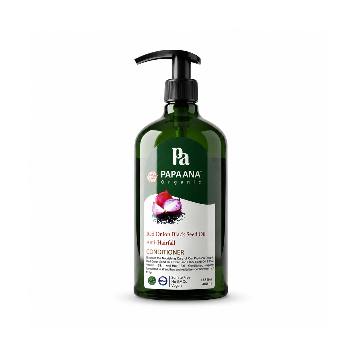 Papaana Organic Red Onion Black Seed Oil Anti-Hairfall Conditioner 400ml pump bottle helping reduce hair fall and strengthen weak hair.