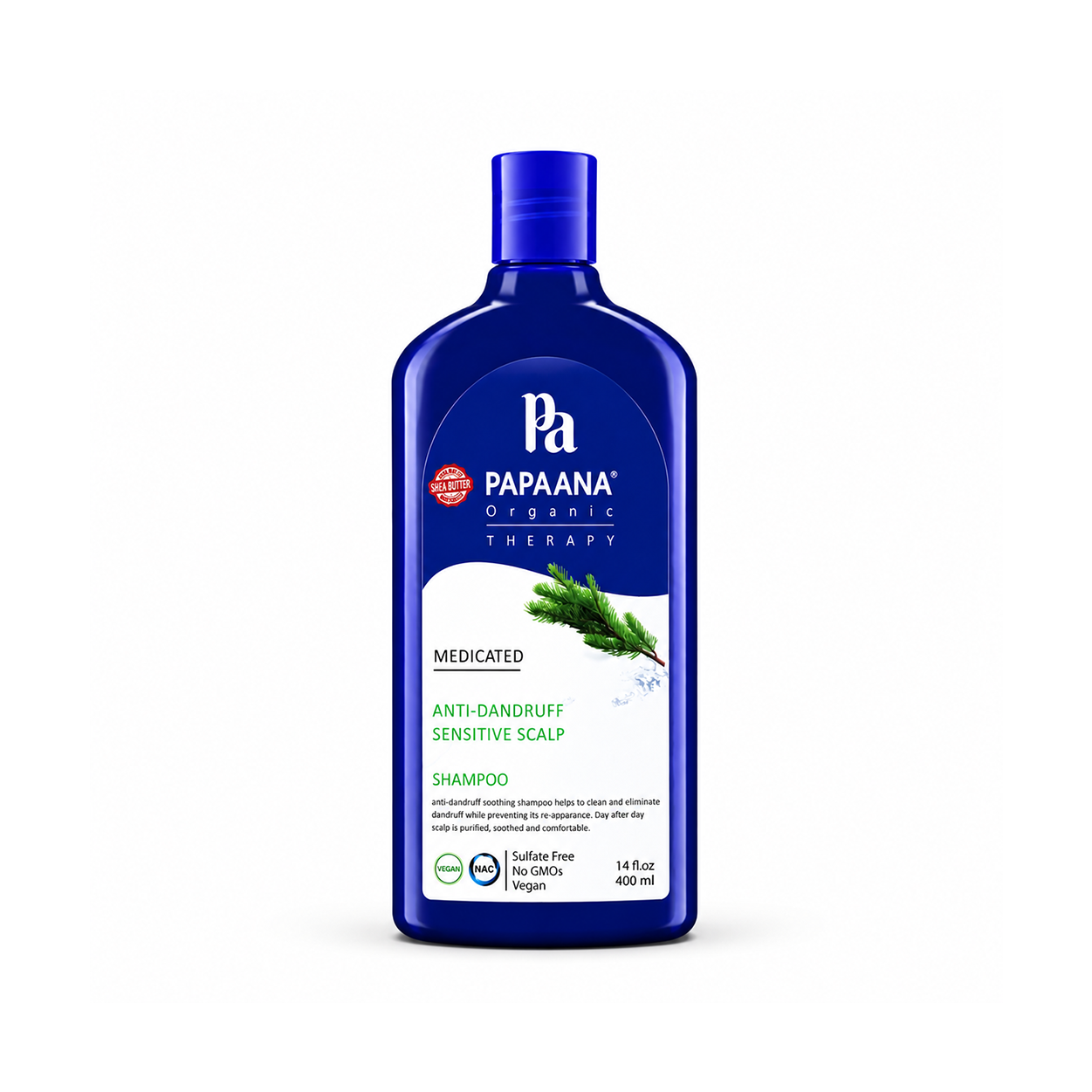PAPAANA Organic Therapy Medicated Anti-Dandruff Sensitive Scalp Shampoo 400ml, sulfate-free anti-dandruff shampoo that helps reduce flakes and soothe irritation.