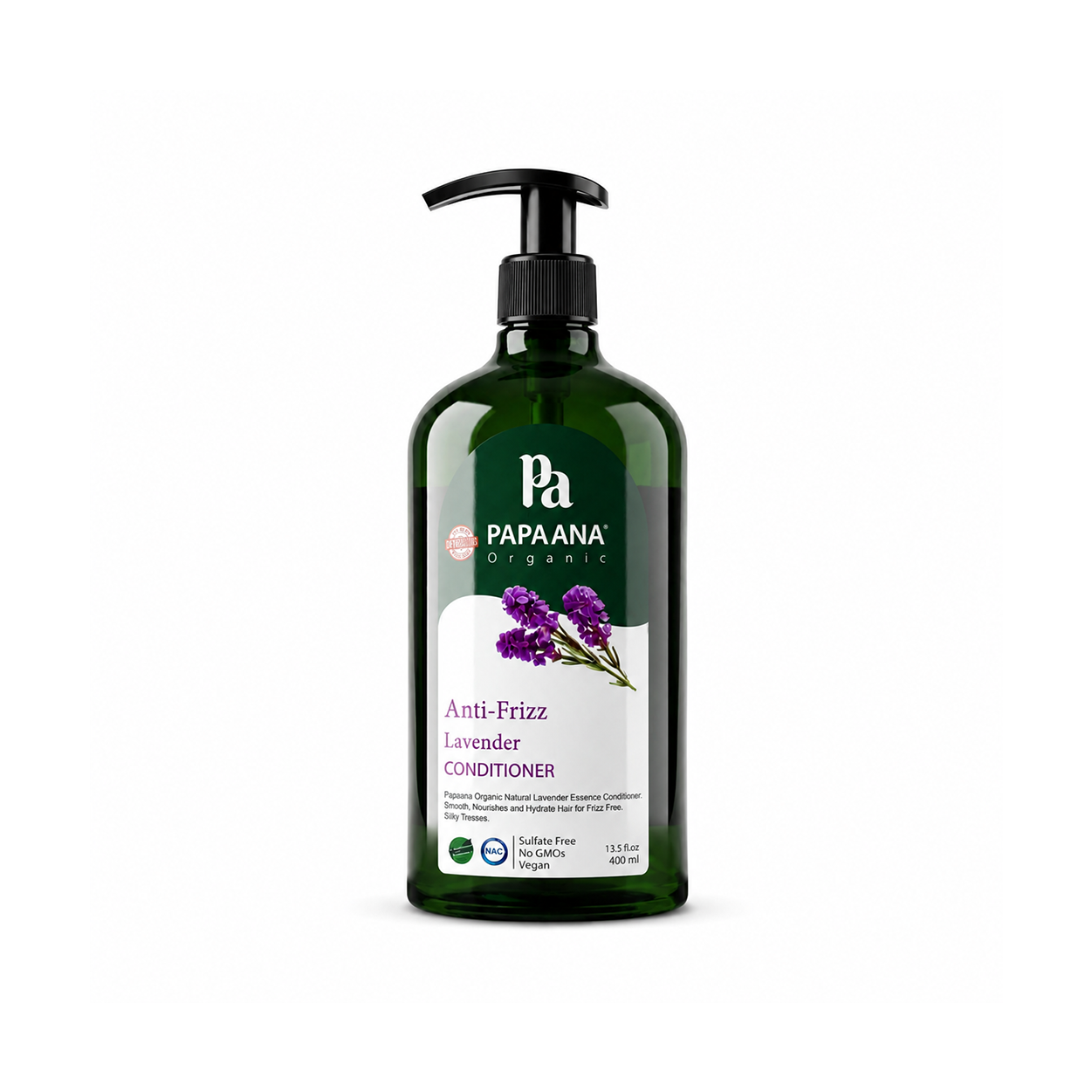 Papaana Organic Anti-Frizz Lavender Conditioner 400ml, sulfate-free hair conditioner that helps smooth frizz and improve hair manageability.