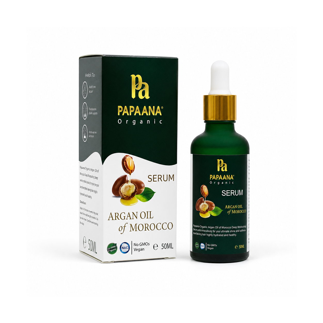 Papaana Organic Argan Oil Of Morocco Hair Serum 50ml for dry damaged hair, helping reduce frizz and enhance natural shine.
