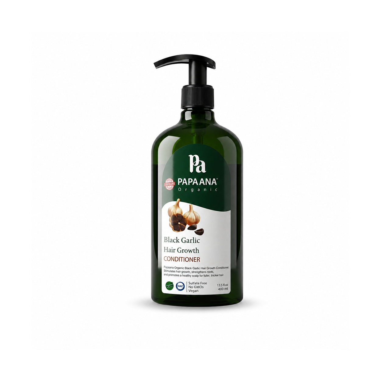 Papaana Organic Black Garlic Hair Growth Conditioner 400ml pump bottle, sulfate-free conditioner that supports stronger roots and healthier hair growth.