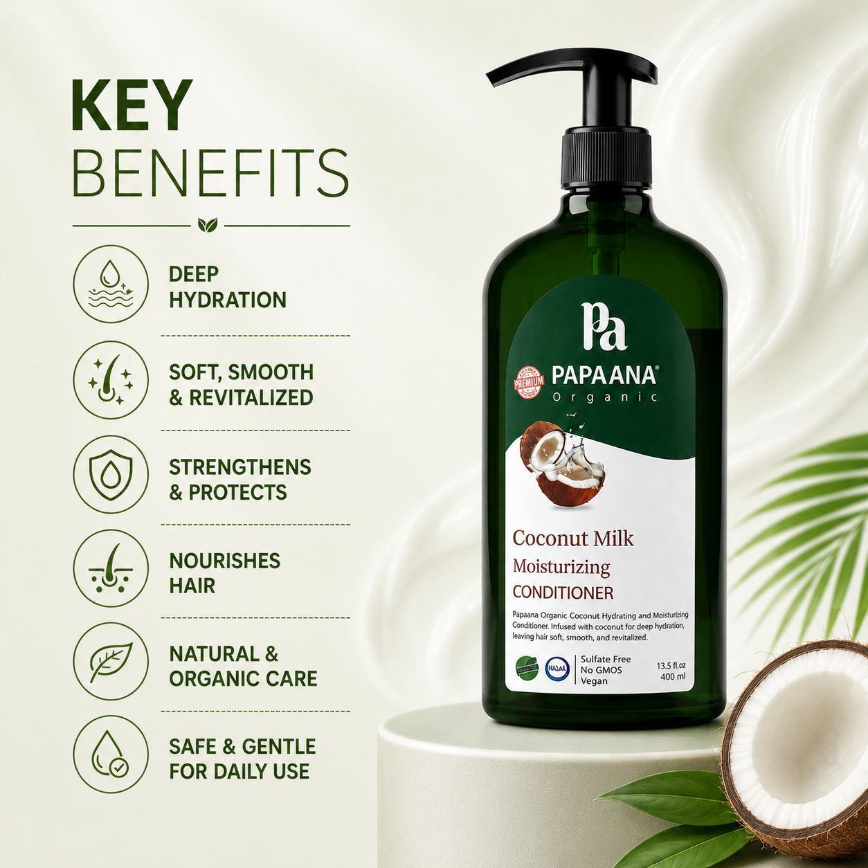 Papaana Organic Coconut Milk Moisturizing Conditioner 400ml moisturizing hair conditioner for dry hair, promoting softness and manageability.