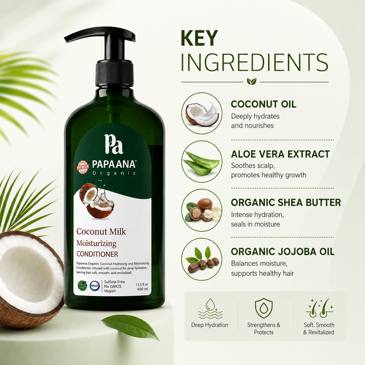 Papaana Organic Coconut Milk Moisturizing Conditioner 400ml moisturizing hair conditioner for dry hair, promoting softness and manageability.