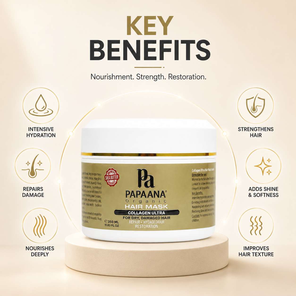 Papaana Organic Collagen Ultra Hair Mask 350ml hair repair mask for dry and damaged hair, formulated to nourish and restore softness and shine.