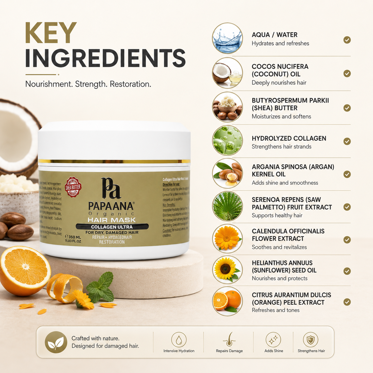 Papaana Organic Collagen Ultra Hair Mask 350ml hair repair mask for dry and damaged hair, formulated to nourish and restore softness and shine.