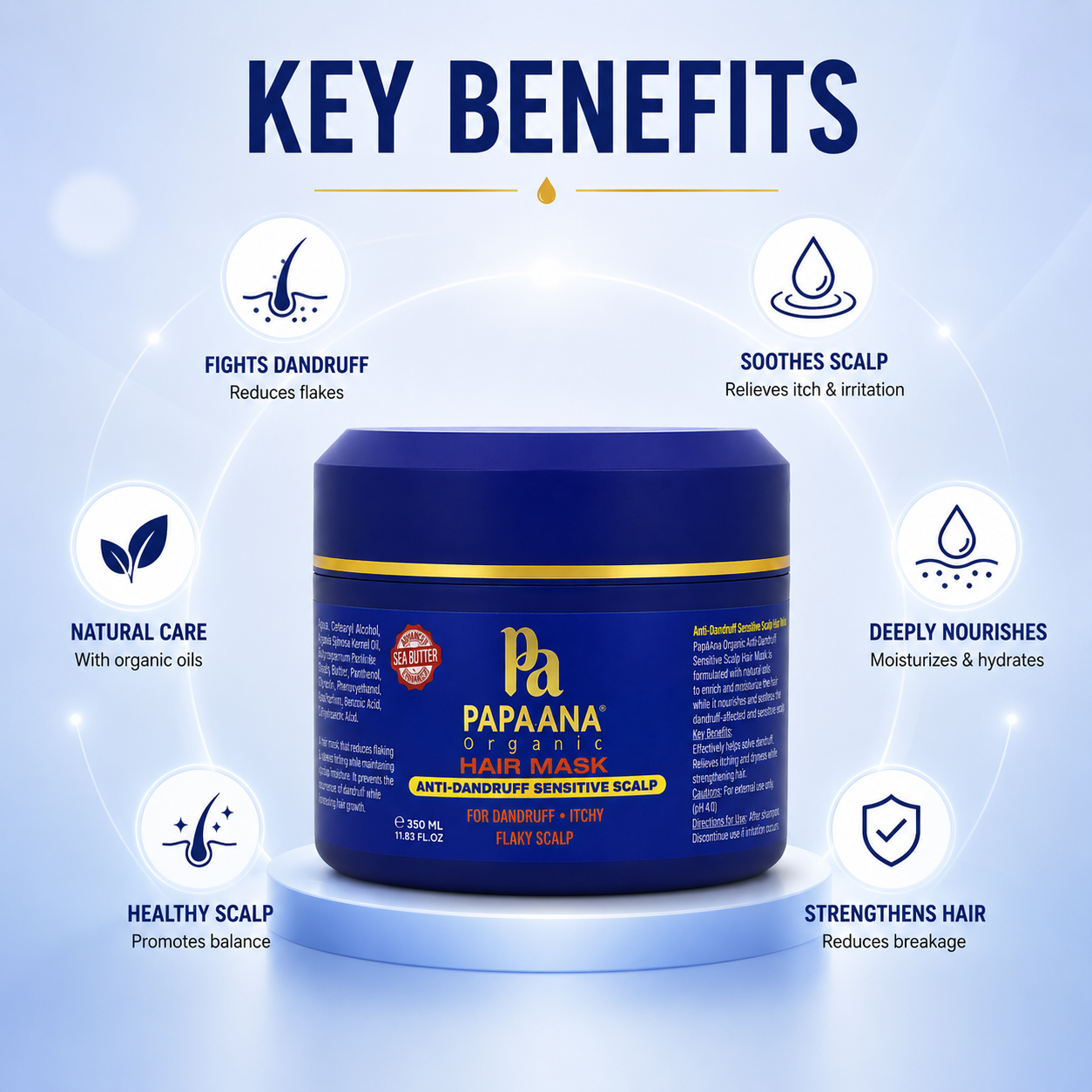 Papaana Organic Hair Mask Anti-Dandruff Sensitive Scalp 350ml hair mask for reducing dandruff, flakes and scalp irritation.