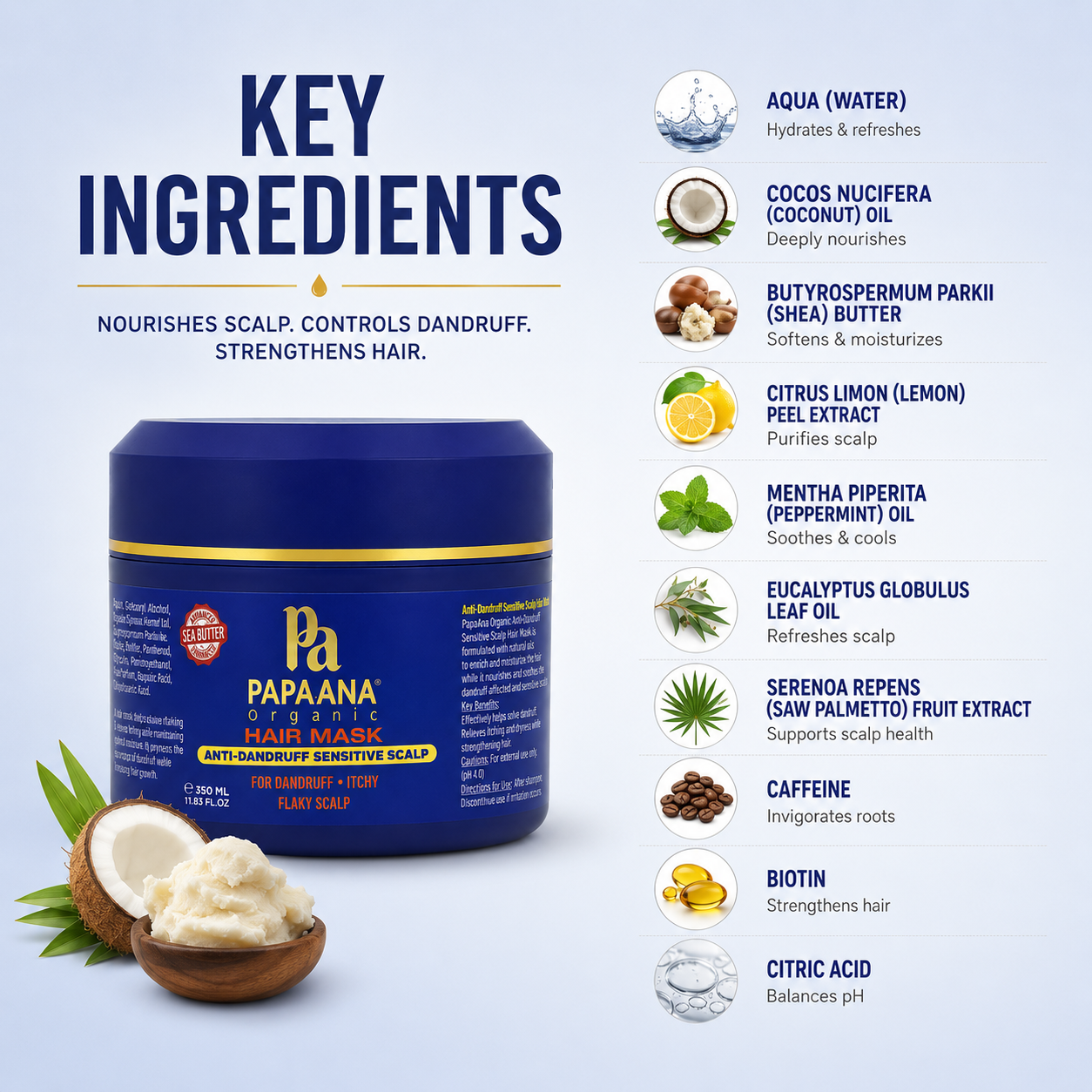 Papaana Organic Hair Mask Anti-Dandruff Sensitive Scalp 350ml hair mask for reducing dandruff, flakes and scalp irritation.