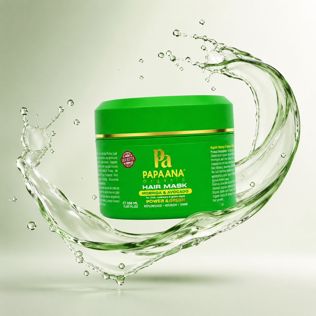 Papaana Organic Hair Mask Moringa & Avocado Power Green 350ml hair mask for dry frizzy hair, nourishing and restoring shine and softness.
