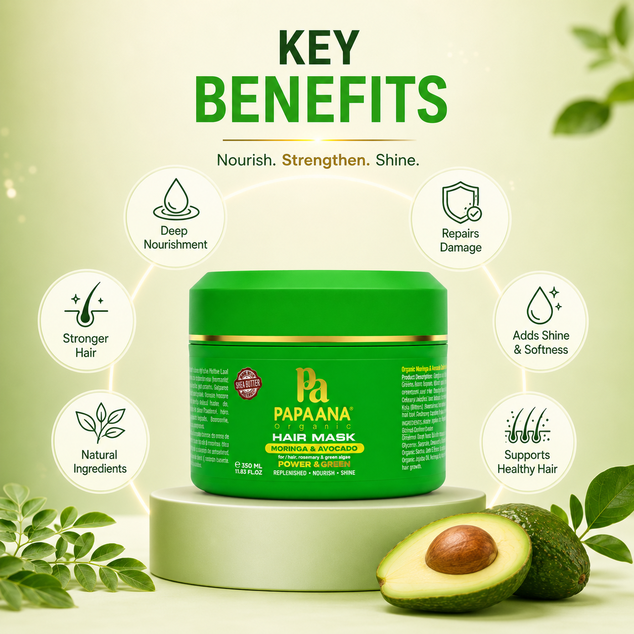 Papaana Organic Hair Mask Moringa & Avocado Power Green 350ml hair mask for dry frizzy hair, nourishing and restoring shine and softness.