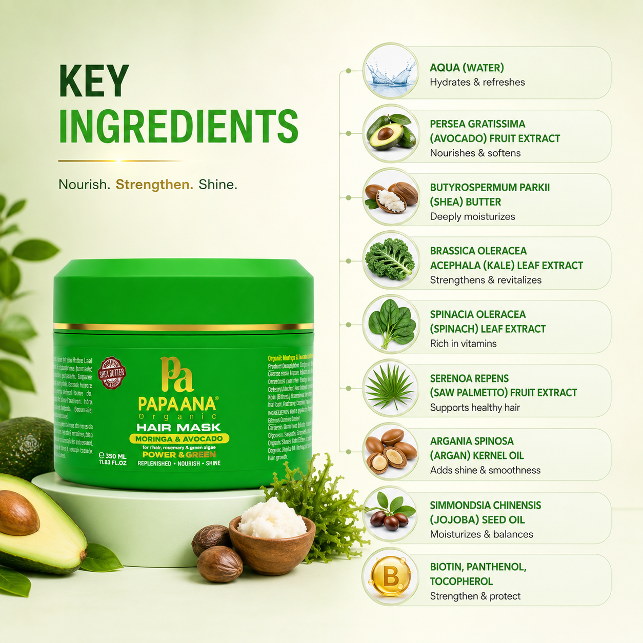 Papaana Organic Hair Mask Moringa & Avocado Power Green 350ml hair mask for dry frizzy hair, nourishing and restoring shine and softness.