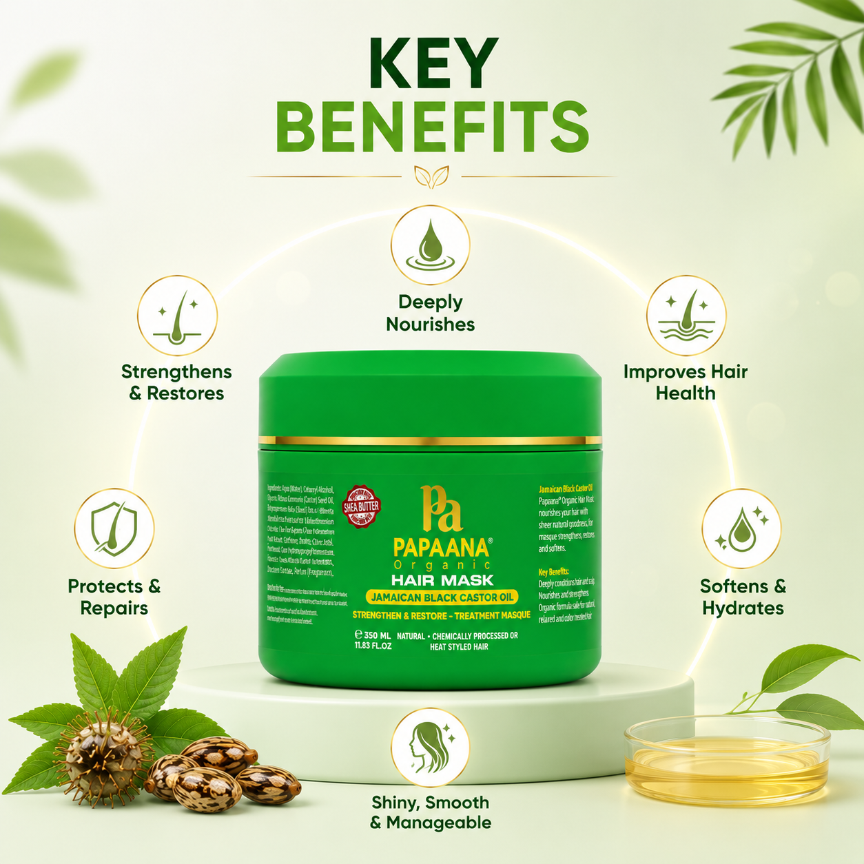Papaana Organic Hair Mask Jamaican Black Castor Oil 350ml deep conditioning hair repair mask for dry, damaged and brittle hair.