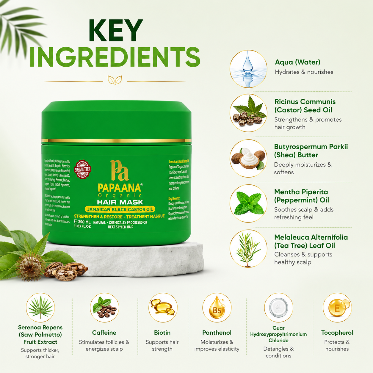 Papaana Organic Hair Mask Jamaican Black Castor Oil 350ml deep conditioning hair repair mask for dry, damaged and brittle hair.