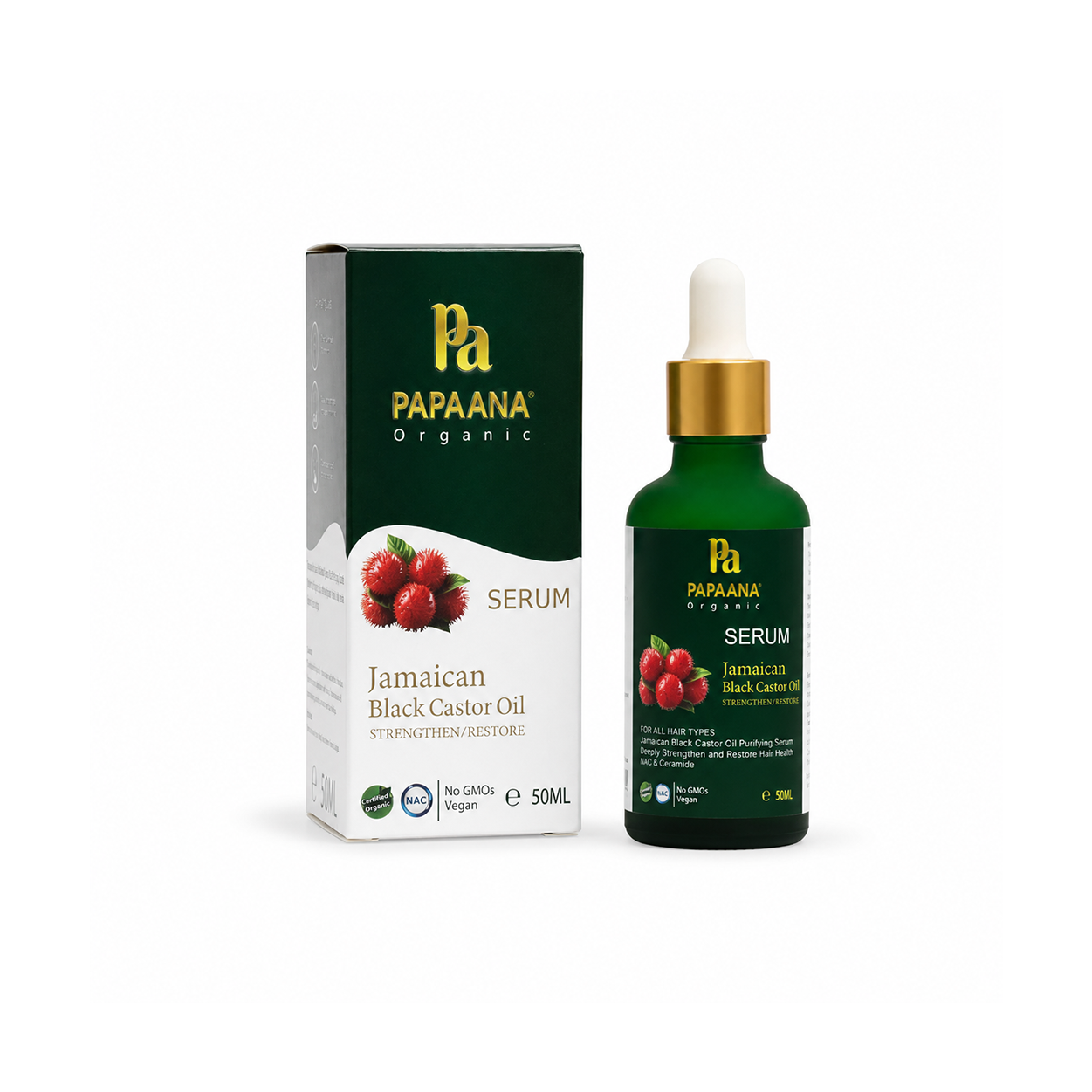 Papaana Organic Jamaican Black Castor Oil Hair Serum 50ml with dropper bottle and box, strengthening hair and nourishing the scalp.