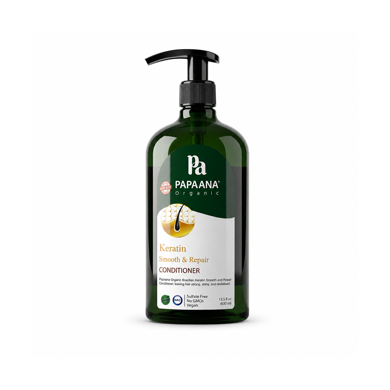 Papaana Organic Keratin Smooth & Repair Conditioner 400ml, keratin hair conditioner that helps repair damaged hair and reduce frizz.