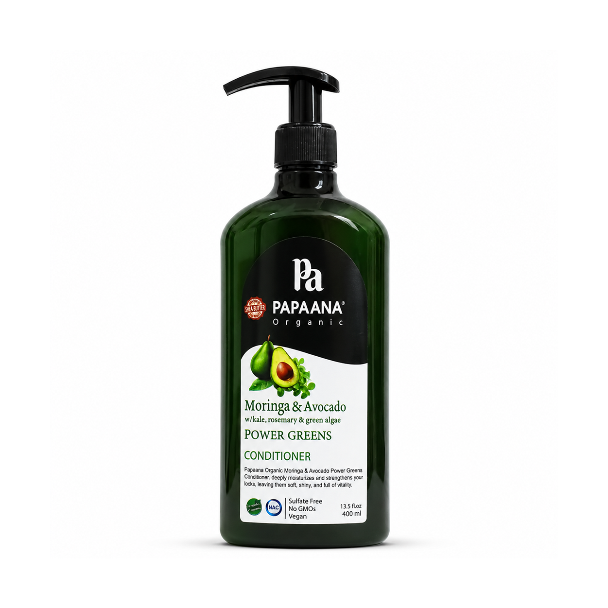 Papaana Organic Moringa & Avocado Power Greens Conditioner 400ml moisturizing hair conditioner for dry, frizzy hair with botanical extracts.
