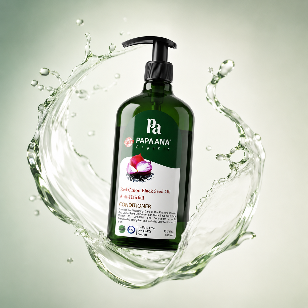 Papaana Organic Red Onion Black Seed Oil Anti-Hairfall Conditioner 400ml pump bottle helping reduce hair fall and strengthen weak hair.