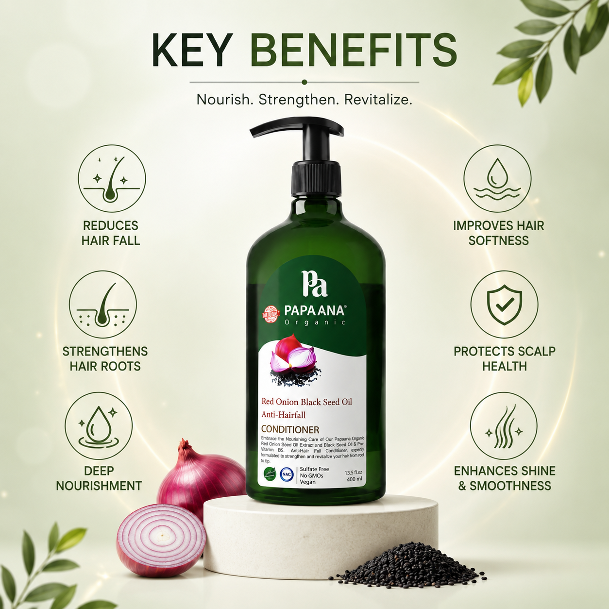 Papaana Organic Red Onion Black Seed Oil Anti-Hairfall Conditioner 400ml pump bottle helping reduce hair fall and strengthen weak hair.