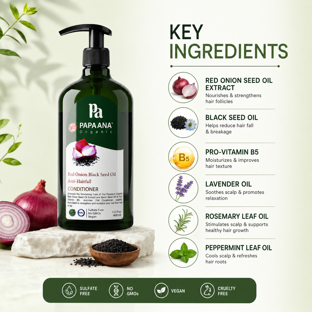 Papaana Organic Red Onion Black Seed Oil Anti-Hairfall Conditioner 400ml pump bottle helping reduce hair fall and strengthen weak hair.