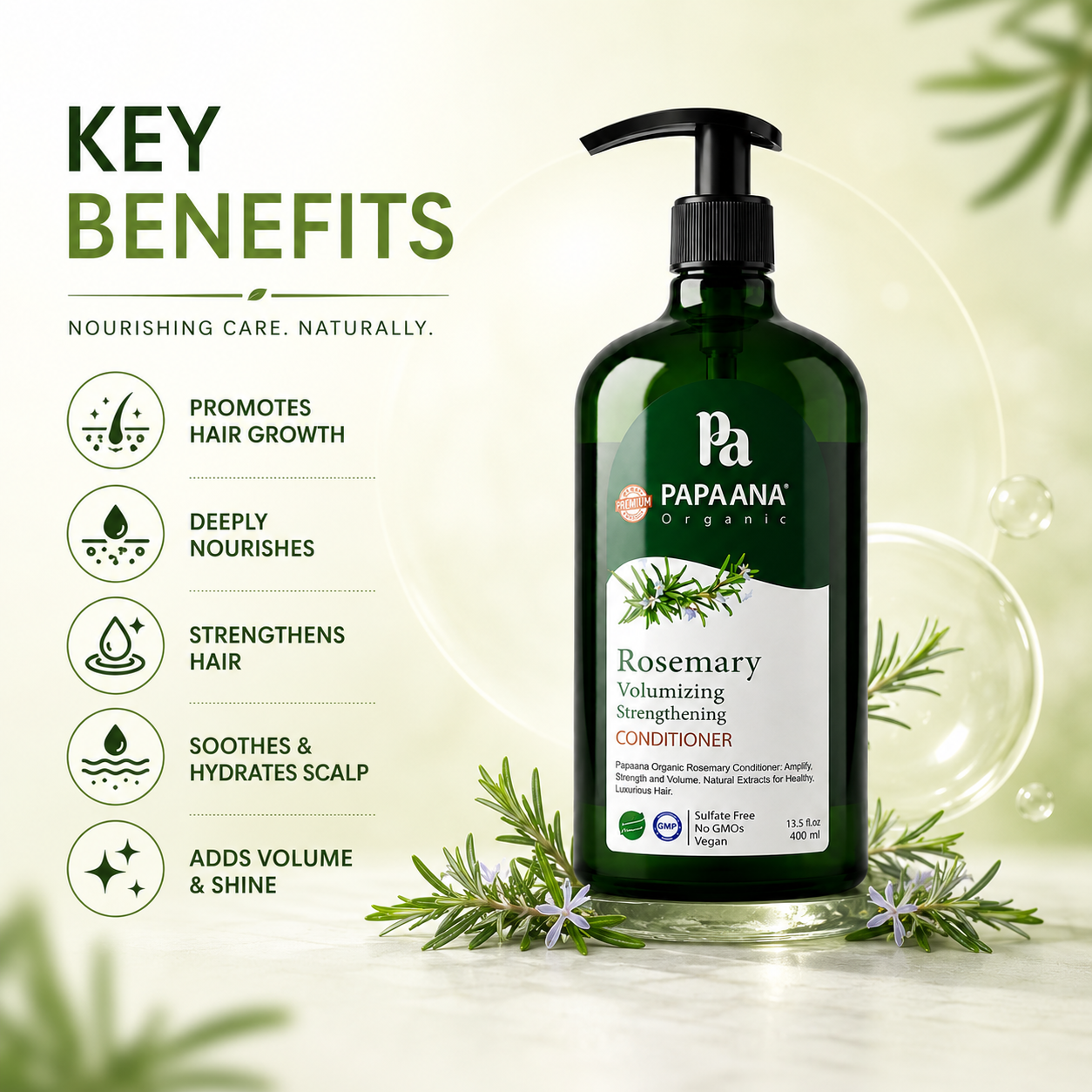 Papaana Organic Rosemary Volumizing Strengthening Conditioner 400ml hair conditioner for strengthening weak hair and adding volume to fine hair.