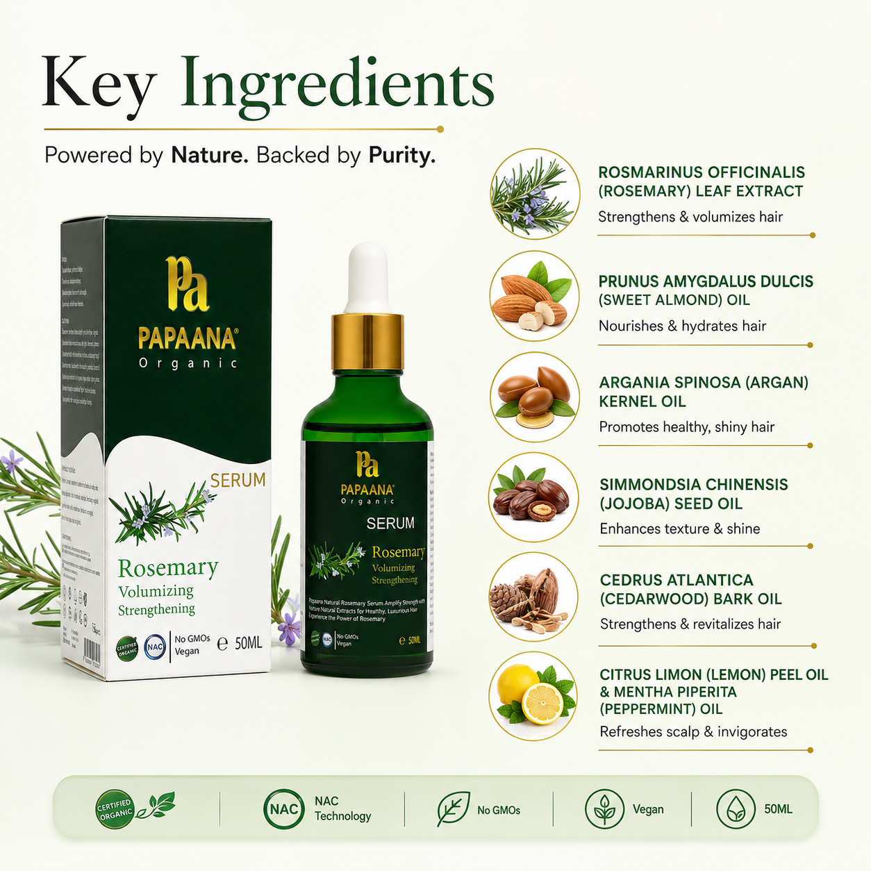 Papaana Organic Rosemary Volumizing Strengthening Serum 50ml hair growth serum with rosemary extract to help strengthen hair and improve volume.