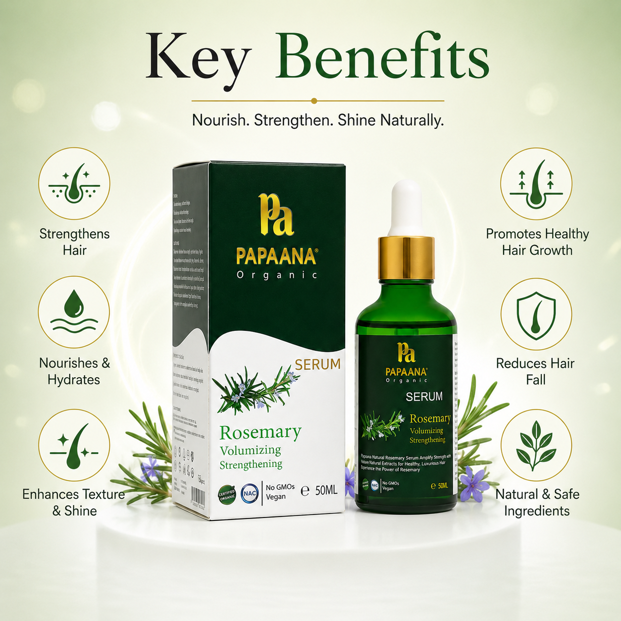 Papaana Organic Rosemary Volumizing Strengthening Serum 50ml hair growth serum with rosemary extract to help strengthen hair and improve volume.