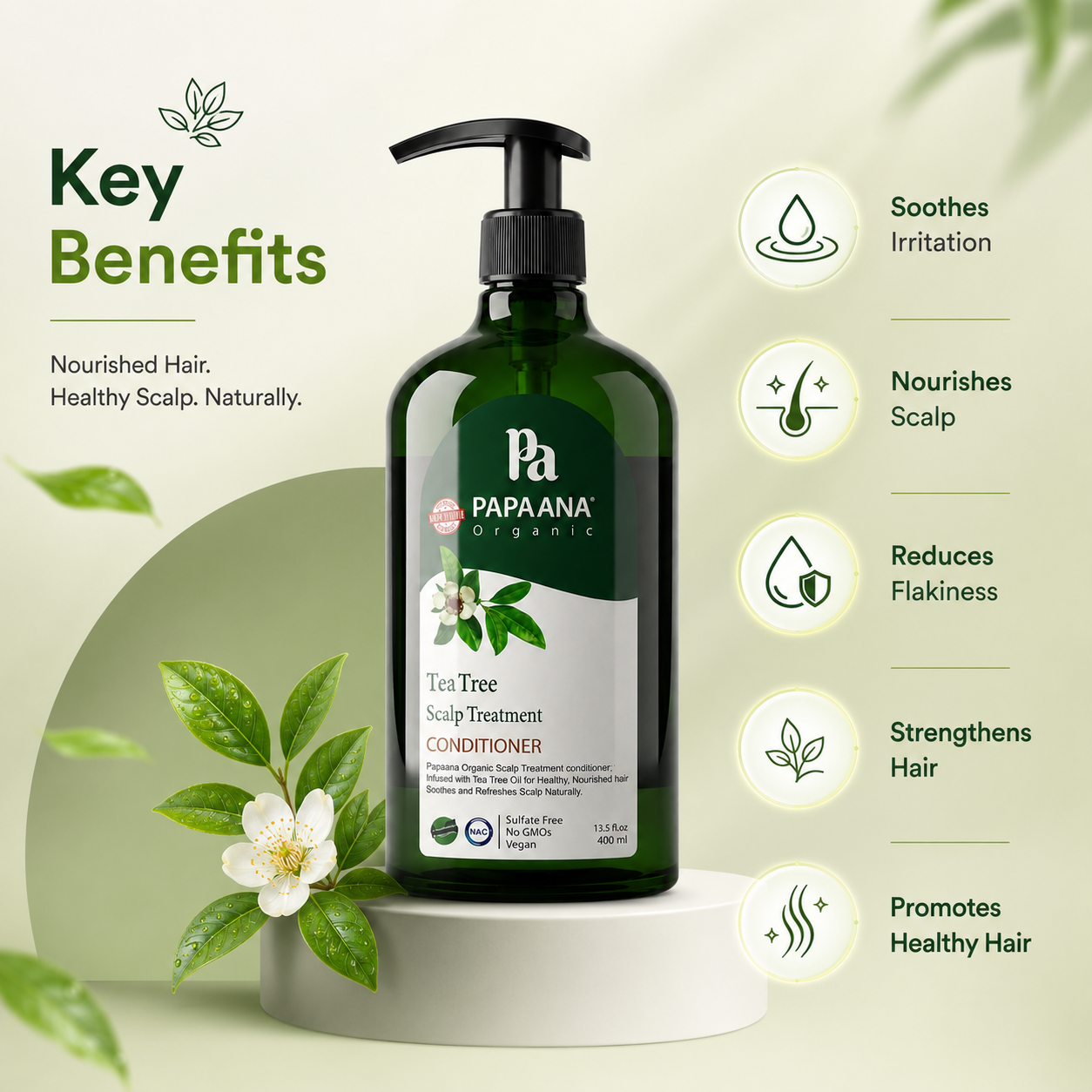 Papaana Organic Tea Tree Scalp Treatment Conditioner 400ml, scalp treatment conditioner that helps soothe itchy scalp and reduce flakes.