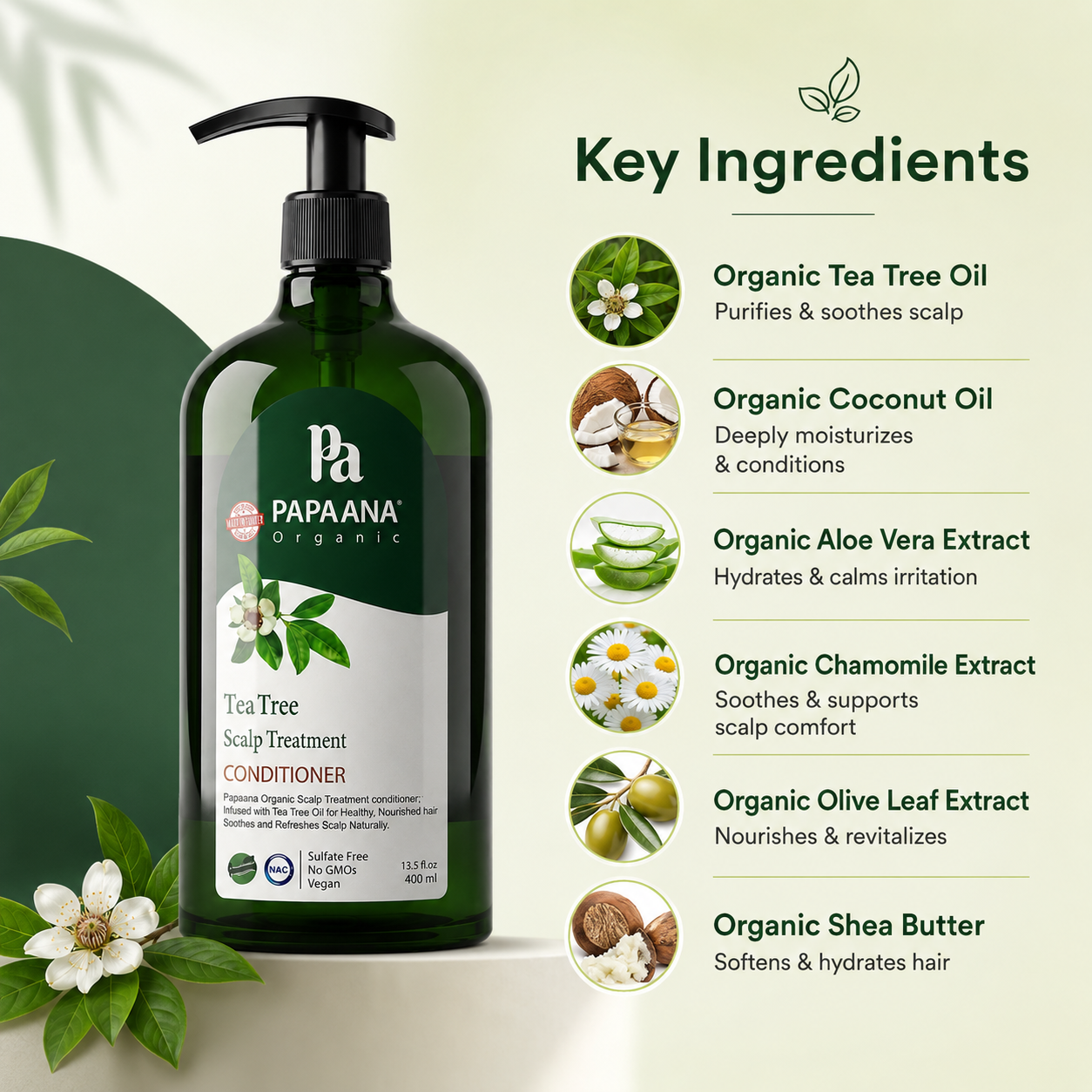 Papaana Organic Tea Tree Scalp Treatment Conditioner 400ml, scalp treatment conditioner that helps soothe itchy scalp and reduce flakes.
