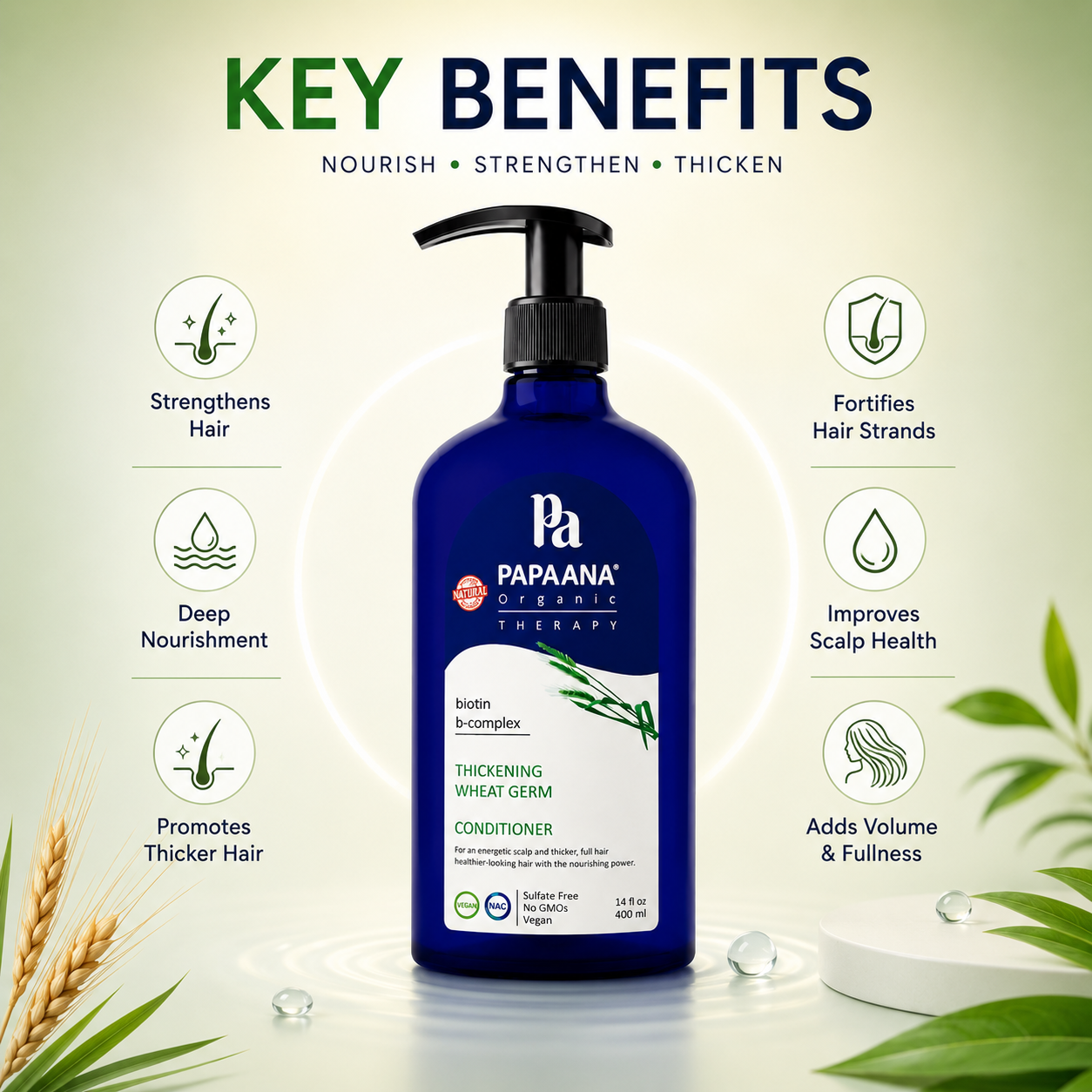 Papaana Organic Therapy Thickening Wheat Germ Conditioner 400ml, hair thickening conditioner with biotin and wheat germ for fuller-looking hair.