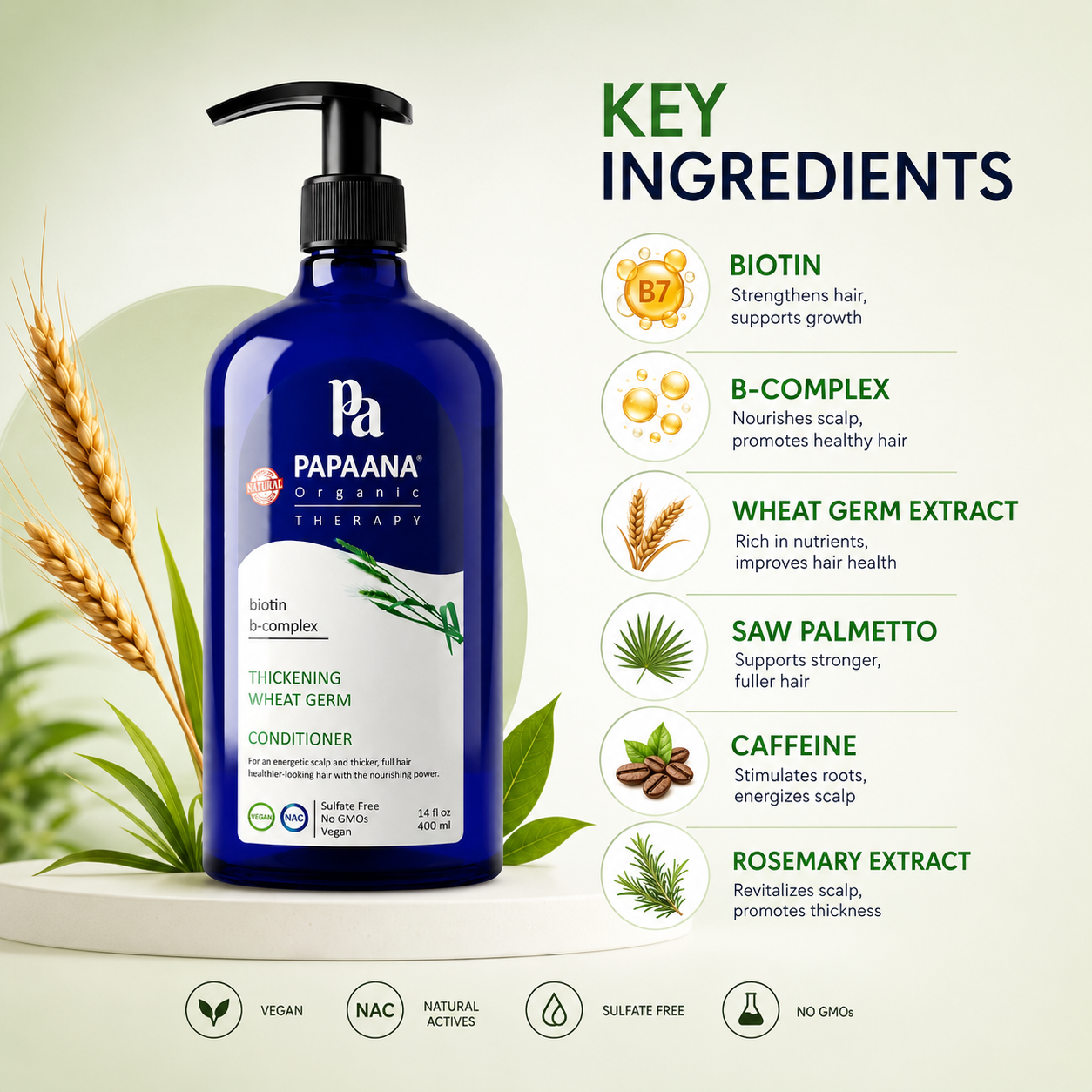 Papaana Organic Therapy Thickening Wheat Germ Conditioner 400ml, hair thickening conditioner with biotin and wheat germ for fuller-looking hair.