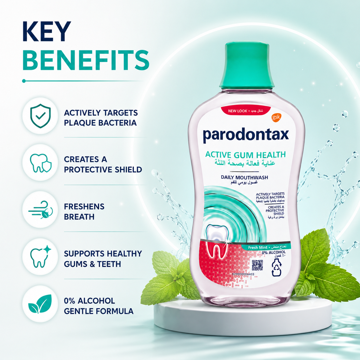 Parodontax Active Gum Health Daily Mouthwash Fresh Mint 0% Alcohol 500ml for daily plaque and gum care