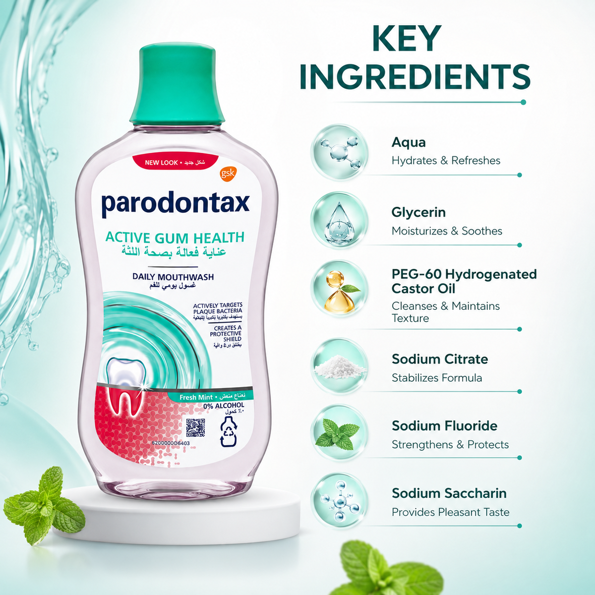 Parodontax Active Gum Health Daily Mouthwash Fresh Mint 0% Alcohol 500ml for daily plaque and gum care