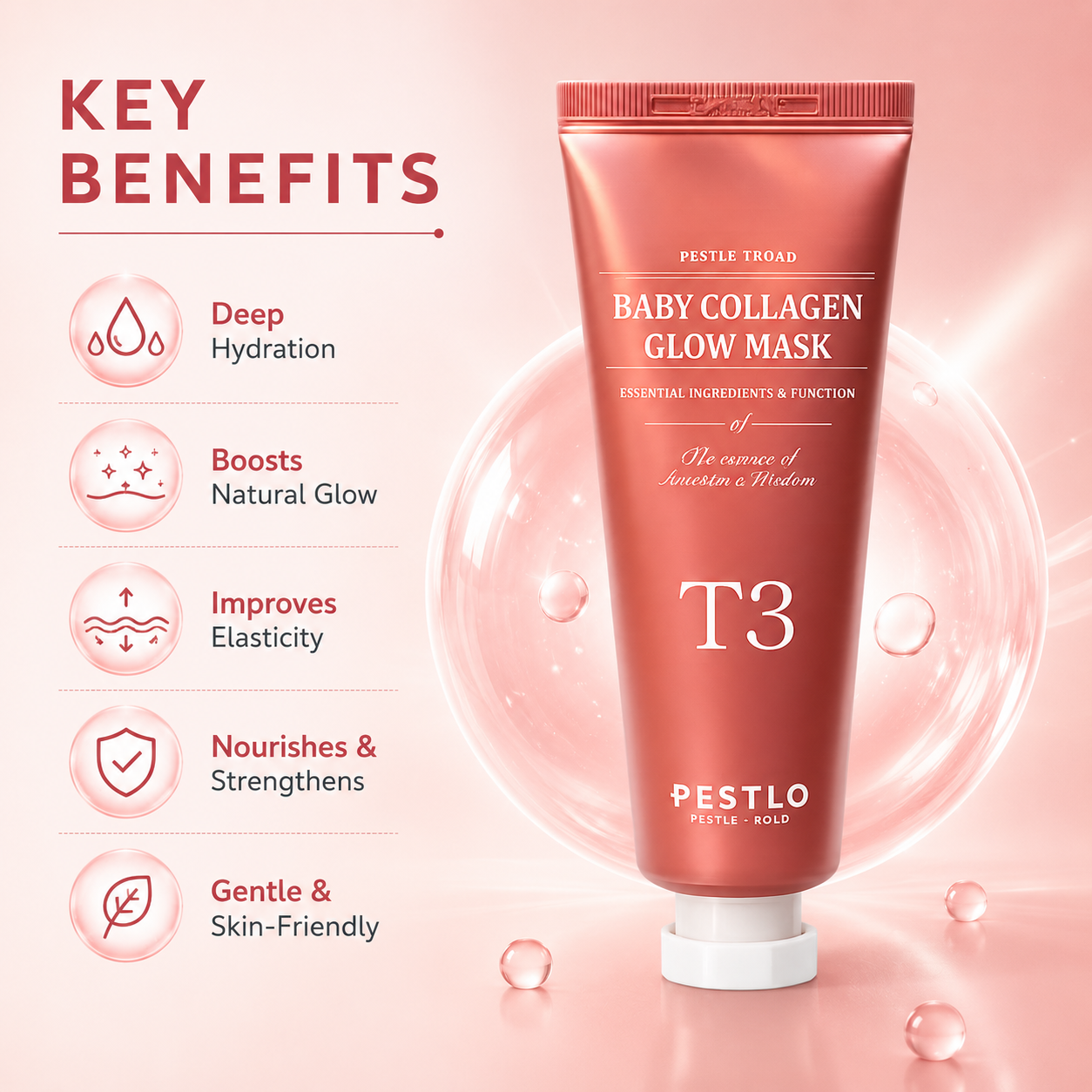 Pestlo Baby Collagen Glow Mask T3 collagen peel-off face mask 70ml for hydration, skin elasticity, and radiant glowing skin.