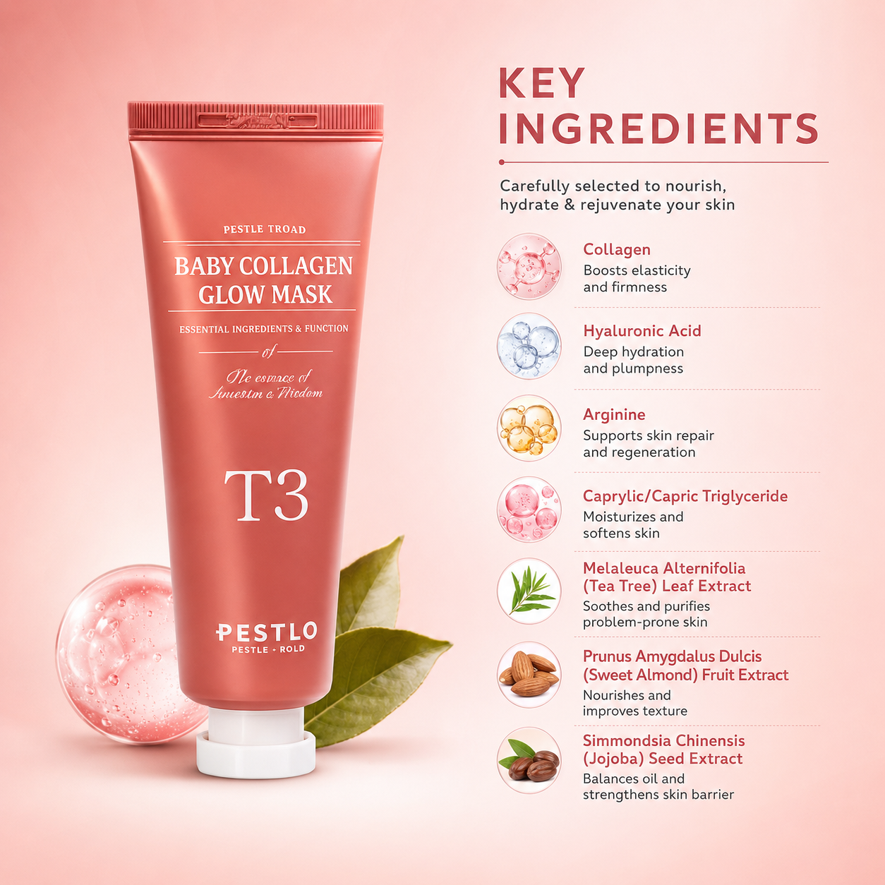 Pestlo Baby Collagen Glow Mask T3 collagen peel-off face mask 70ml for hydration, skin elasticity, and radiant glowing skin.