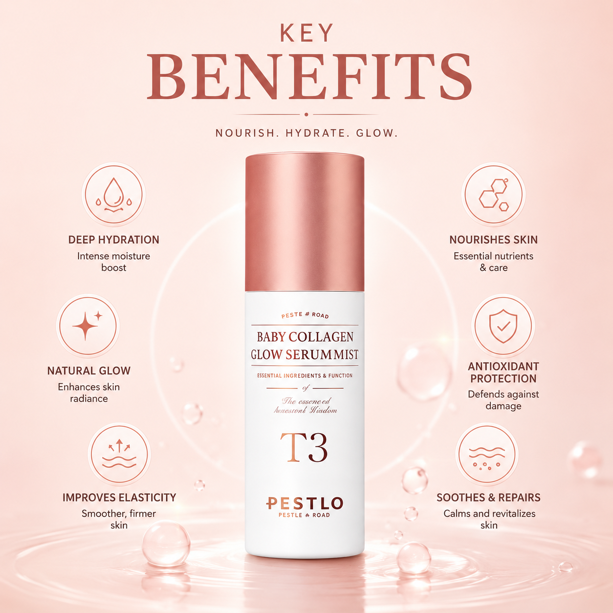Pestlo T3 Baby Collagen Glow Serum Mist 50ml collagen facial mist spray providing hydration, glow and skin elasticity support.