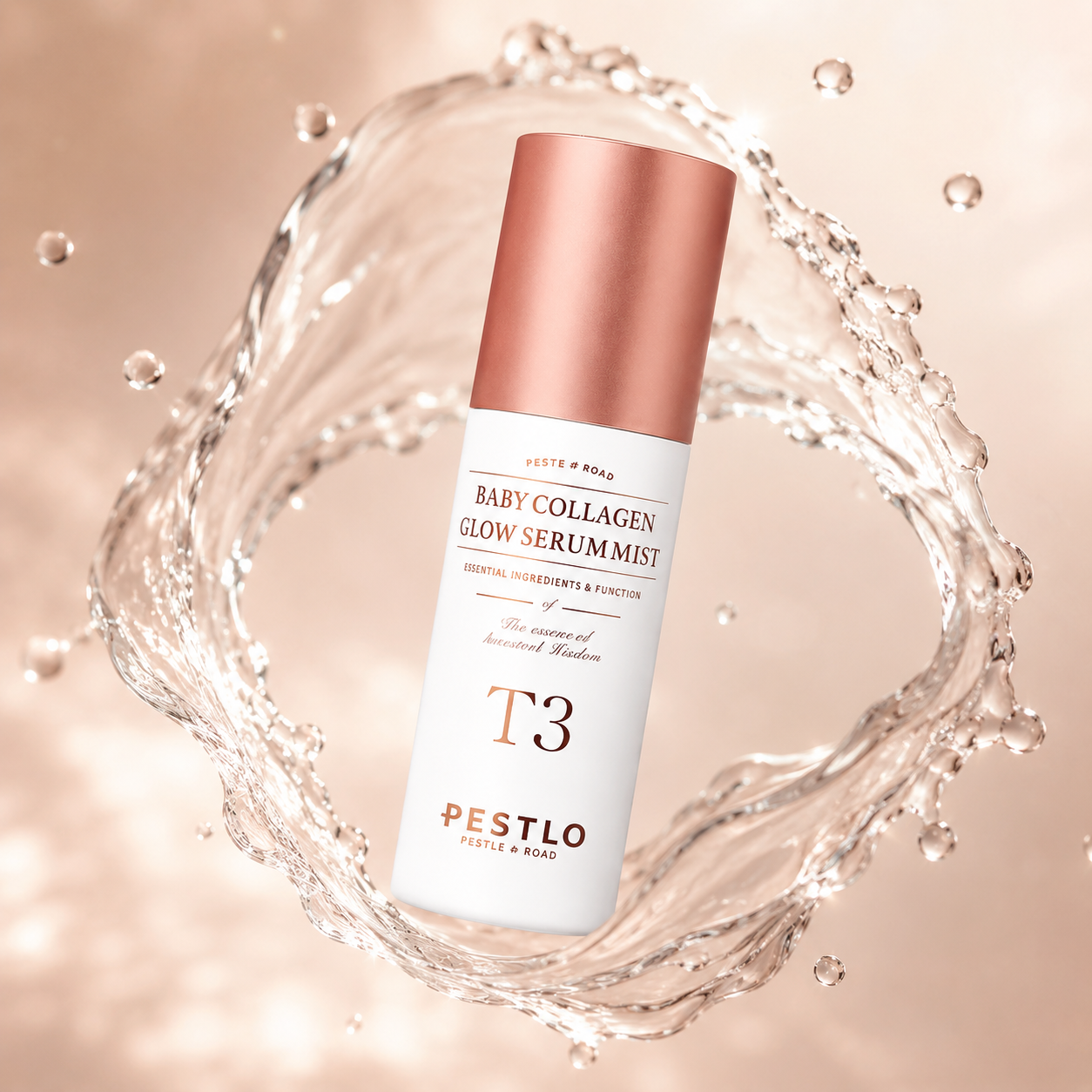 Pestlo T3 Baby Collagen Glow Serum Mist 50ml collagen facial mist spray providing hydration, glow and skin elasticity support.