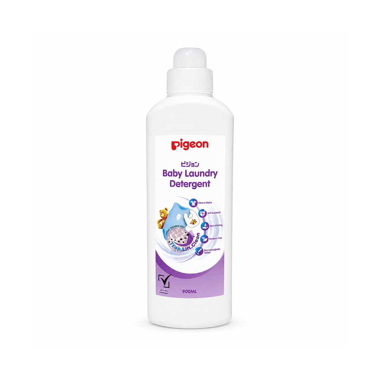 Pigeon Baby Laundry Detergent 900ml liquid detergent for baby clothes with anti-bacterial stain removal and gentle fabric care for infants.