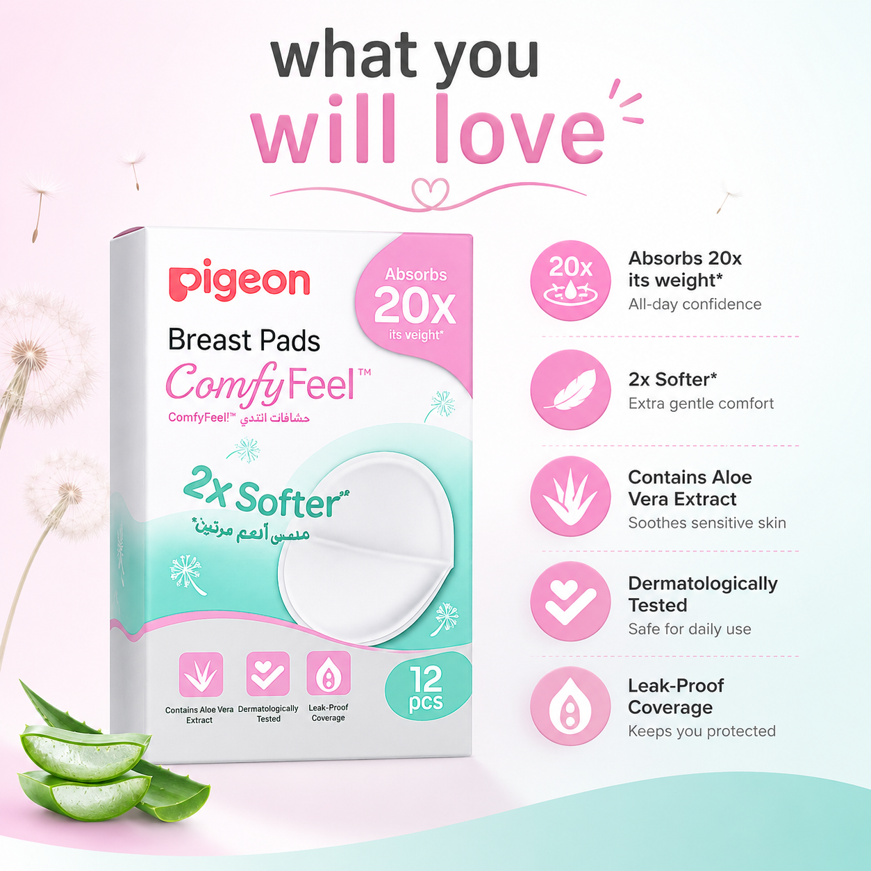 Pigeon ComfyFeel Breast Pads 12pcs disposable nursing pads with leak-proof protection and aloe vera for breastfeeding mothers.