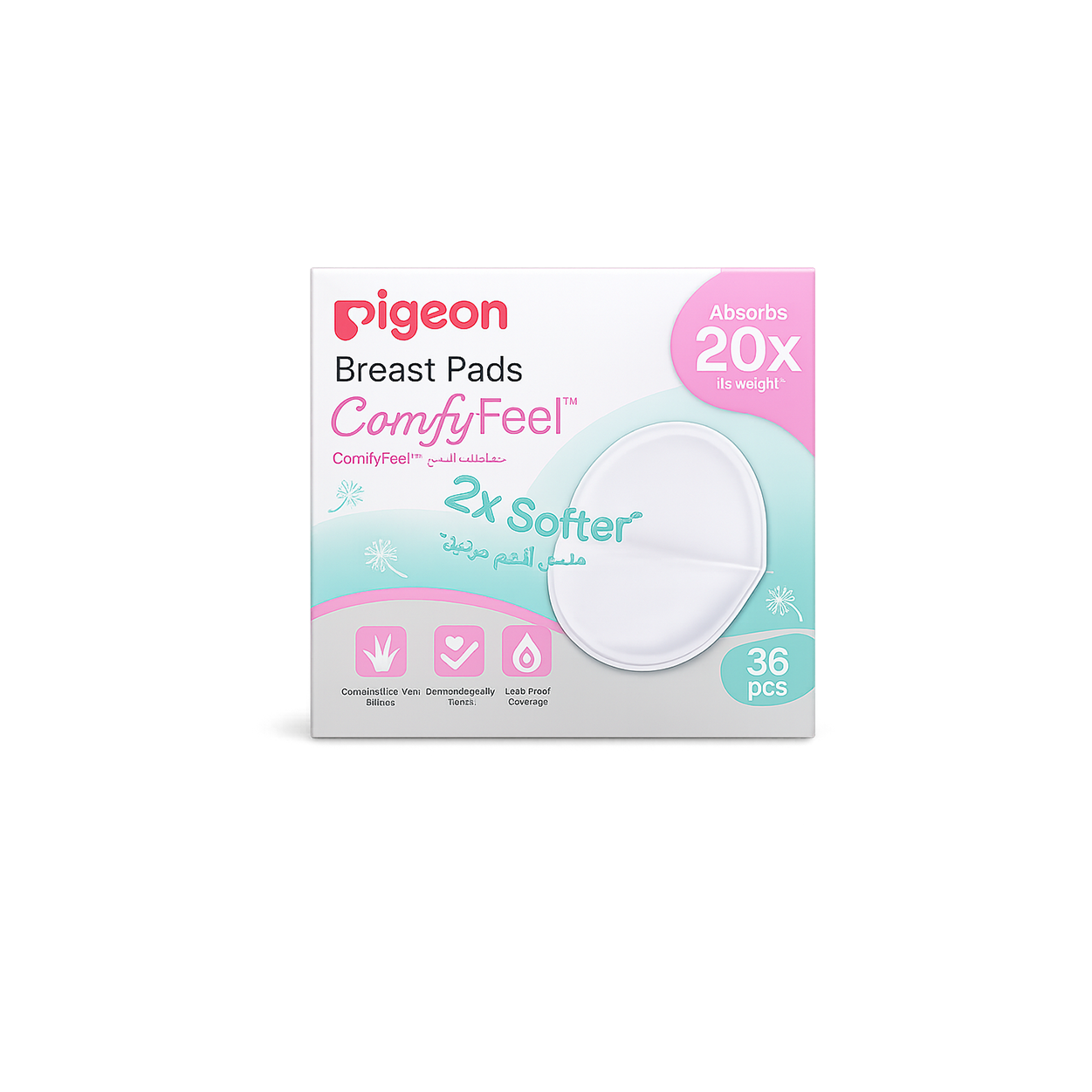 Pigeon ComfyFeel Breast Pads 36pcs disposable nursing pads with Aloe Vera, providing leak-proof milk leakage protection for breastfeeding mothers.