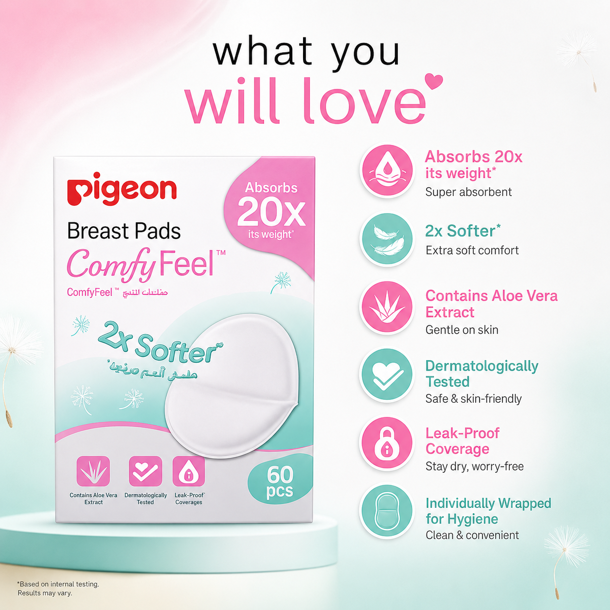 Pigeon Breast Pads ComfyFeel 60pcs disposable breast pads with aloe vera extract for leak-proof protection and all-day nursing comfort.