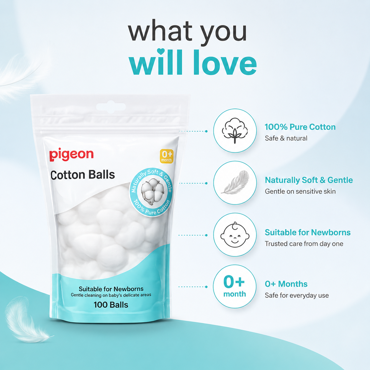 Pigeon Cotton Balls 100 Balls baby cotton balls made from 100% pure cotton for gentle newborn cleansing and delicate skin care.