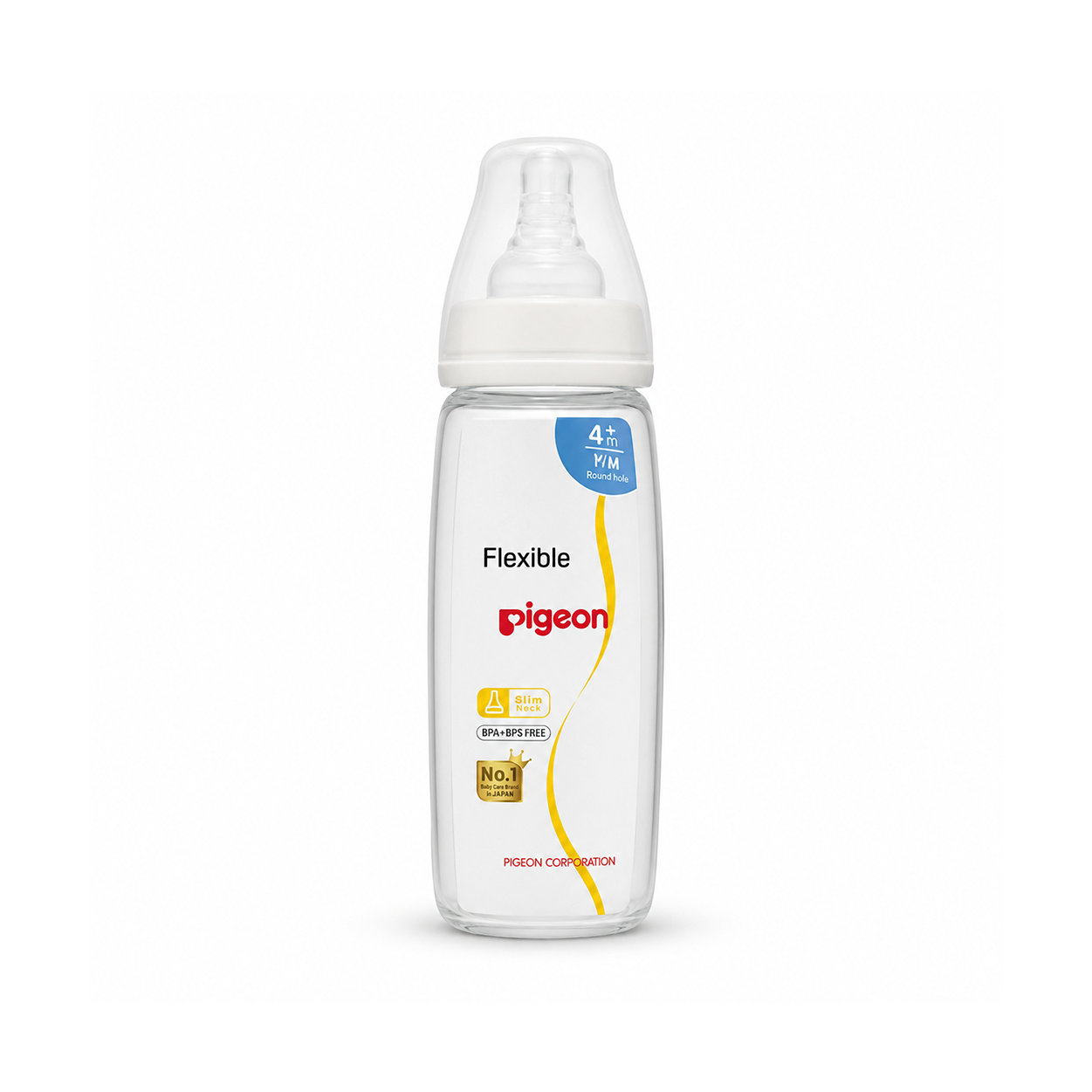 Pigeon Flexible Slim Neck Baby Bottle Round Hole Y/M 4+ Months baby feeding bottle with BPA and BPS free design for safe daily feeding.