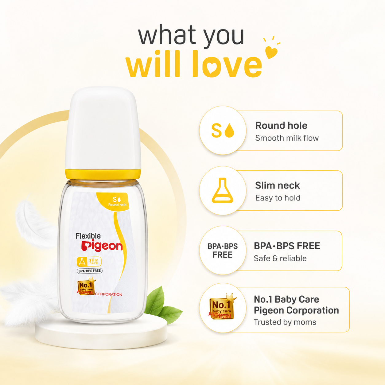 Pigeon Flexible Slim Neck Baby Feeding Bottle Size S with round hole nipple, BPA-BPS free bottle for smooth and comfortable feeding.