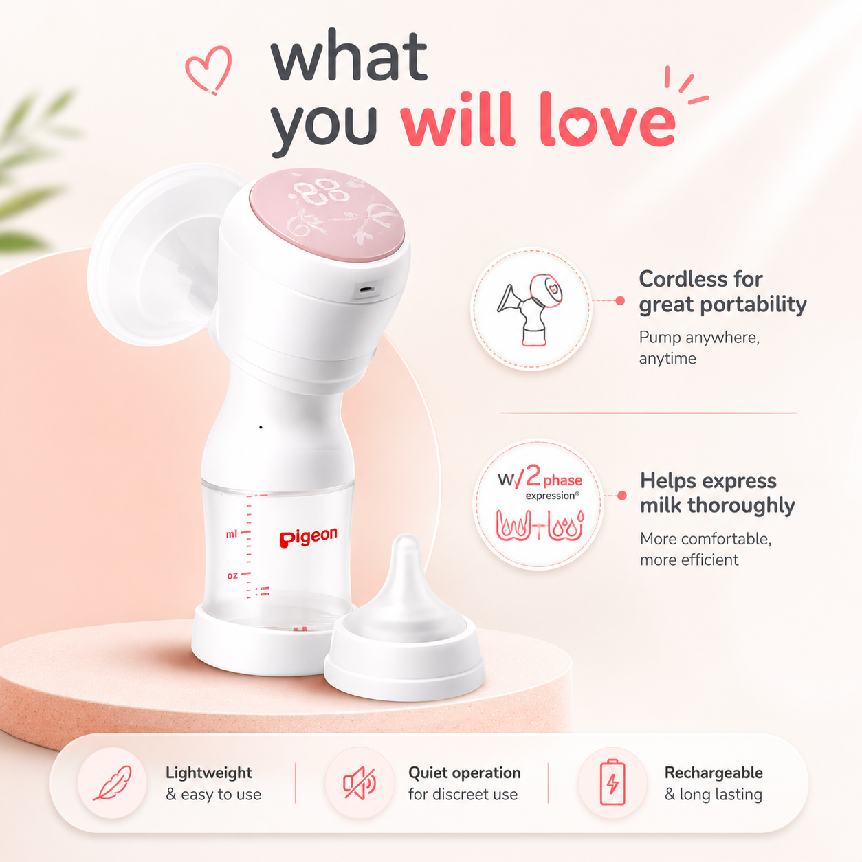 Pigeon Handy Fit+ Electric Breast Pump cordless breast pump with 2-phase expression technology for convenient milk expression support.