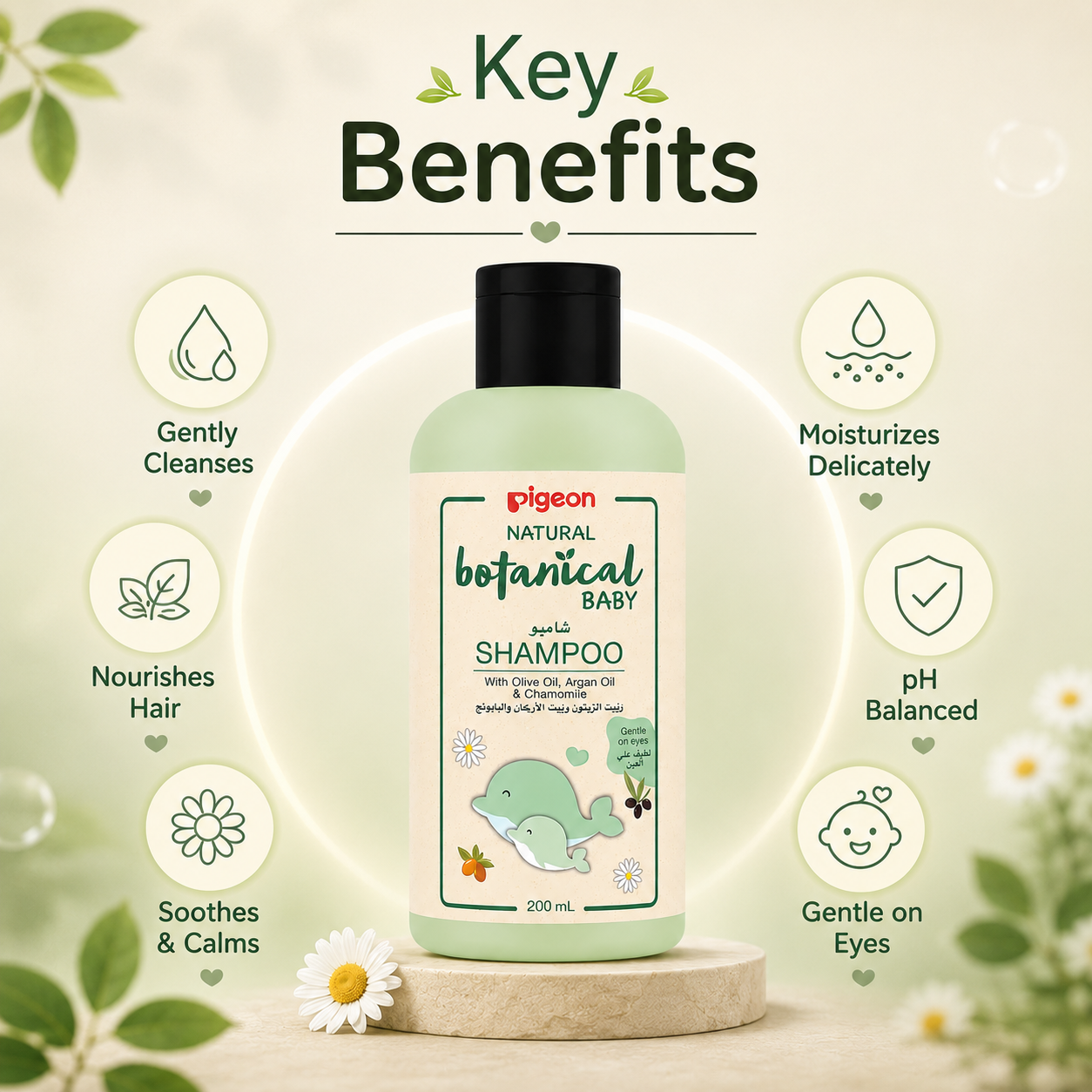 Pigeon Natural Botanical Baby Shampoo 200ml baby shampoo with olive oil, argan oil and chamomile for gentle cleansing and soft hair.