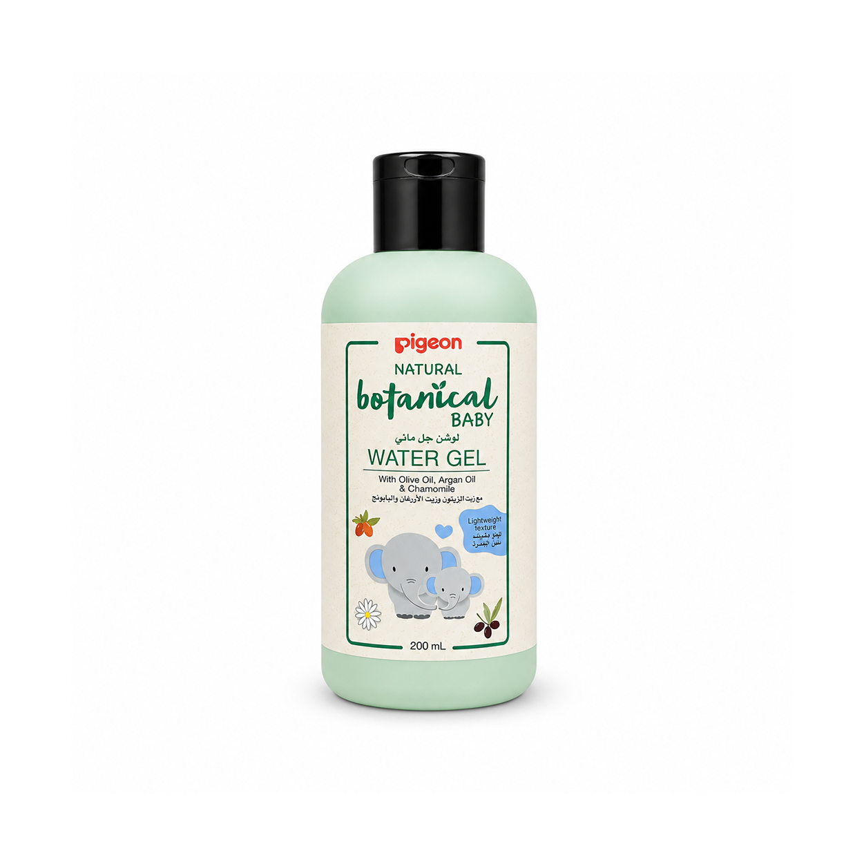Pigeon Natural Botanical Baby Water Gel 200ml baby moisturizing gel with olive oil, argan oil and chamomile for daily skin hydration and softness.