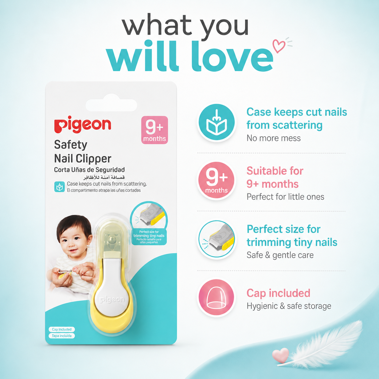Pigeon Safety Nail Clipper 9+ Months baby nail clipper with built-in nail catcher for safe and hygienic trimming of tiny nails.