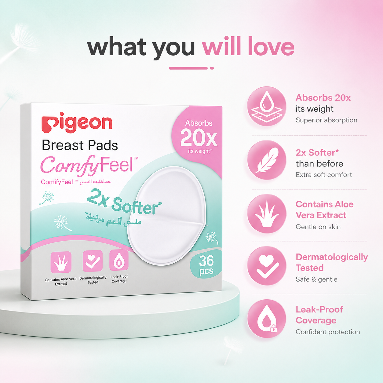 Pigeon ComfyFeel Breast Pads 36pcs disposable nursing pads with Aloe Vera, providing leak-proof milk leakage protection for breastfeeding mothers.