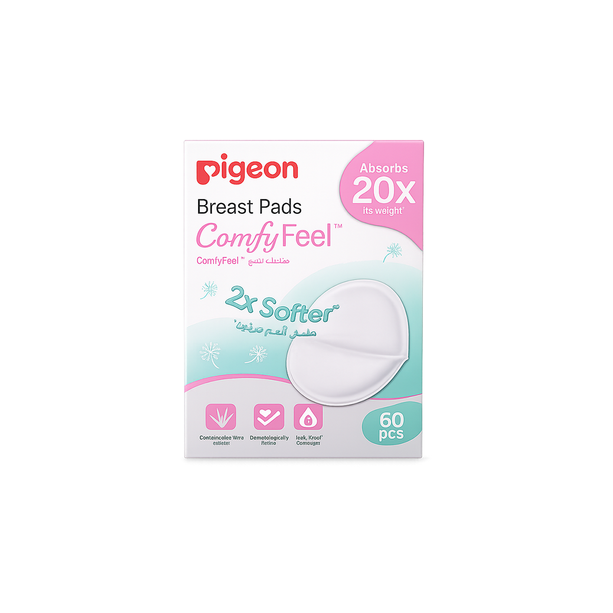 Pigeon Breast Pads ComfyFeel 60pcs disposable breast pads with aloe vera extract for leak-proof protection and all-day nursing comfort.