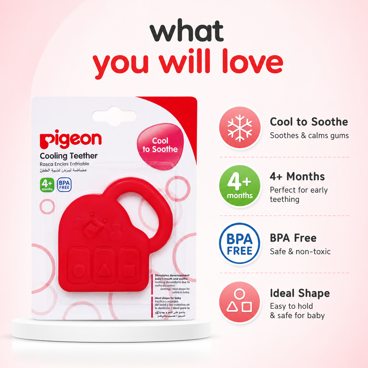 Pigeon Cooling Teether for babies 4+ months, BPA-free cooling teether designed to soothe sore gums and relieve teething discomfort.